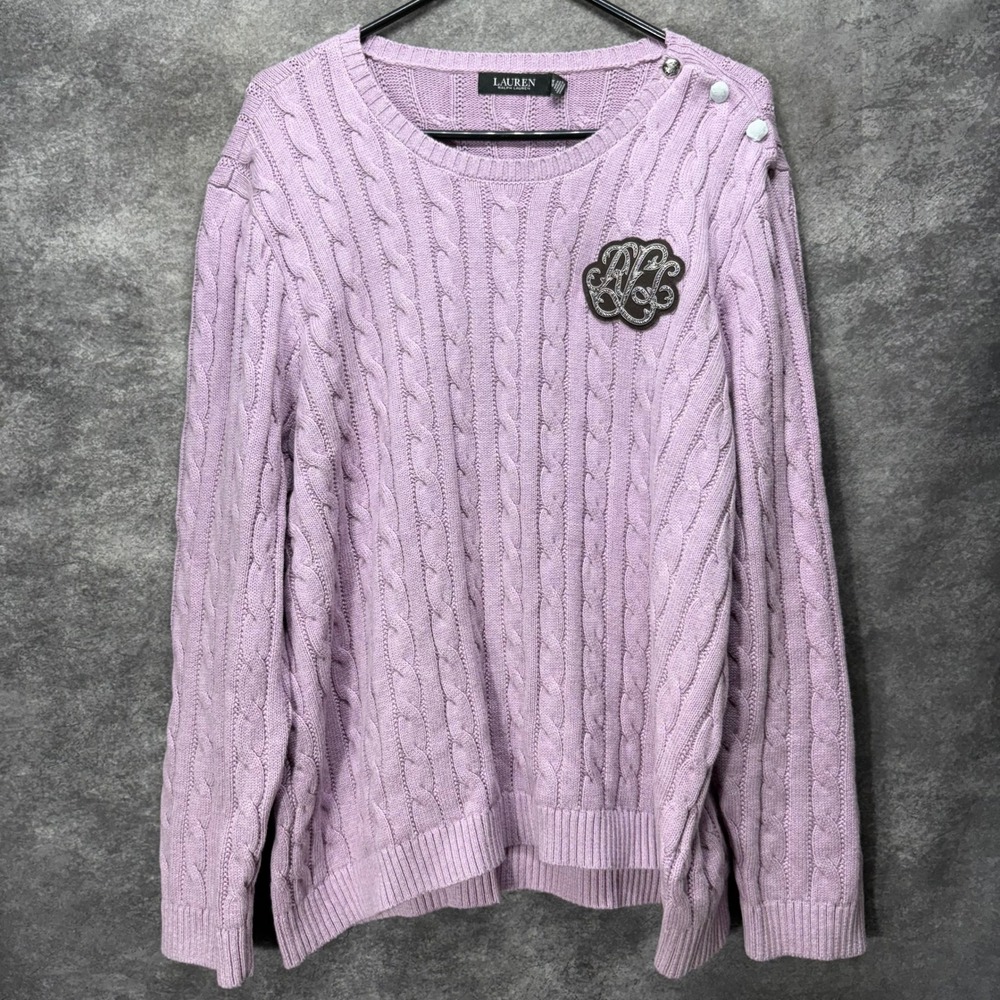 Ralph Lauren Lavender Cable Knit Sweater Womens 3X Cotton Monogram Logo Preppy